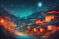 View of a village under the moonlight in Japan in impressionist style