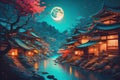 View of a village under the moonlight in Japan in impressionist style