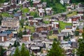 View of village Zermatt, hotels and traditional chalets. ZERMATT, SWITZERLAND - JULY 02, 2019.