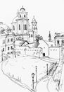 View from Vilnius artillery Bastion to the downtown hand drawn sketch