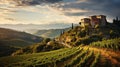 view of vineyards in the Tuscan Chianti countryside, hills covered with vines and farmhouses, sky with some clouds Royalty Free Stock Photo