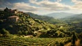 view of vineyards in the Tuscan Chianti countryside, hills covered with vines and farmhouses, sky with some clouds Royalty Free Stock Photo