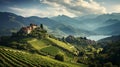 view of vineyards in the Tuscan Chianti countryside, hills covered with vines and farmhouses, sky with some clouds Royalty Free Stock Photo