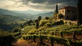 view of vineyards in the Tuscan Chianti countryside, hills covered with vines and farmhouses, sky with some clouds Royalty Free Stock Photo