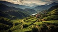 view of vineyards in the Tuscan Chianti countryside, hills covered with vines and farmhouses, sky with some clouds Royalty Free Stock Photo