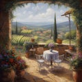 View of the vineyards from the villa\'s terrace. Tuscany illustration. Country holidays