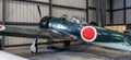 View of historic Mitsubishi Zero airplane displayed in Camarillo airport, California.