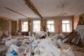 View of the vintage room with fretwork on the ceiling of the apartment and retro chandelier during under renovation, remodeling an Royalty Free Stock Photo