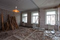 View the vintage room with fretwork on the ceiling of the apartment during under renovation, remodeling and construction. Royalty Free Stock Photo