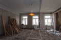 View the vintage room with fretwork on the ceiling of the apartment during under renovation, remodeling and construction Royalty Free Stock Photo