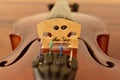 View from violin strings and bridge. Close up violin on wooden floor. Classical musical instrument.