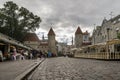 View of the Viru Gate and the medieval towers of the Old Town of Tallinn, Estonia