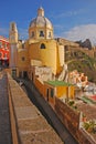 Vertical view of bright yellow Church Santuario Mariano in Procida, Napoli, Italy Royalty Free Stock Photo