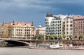 View on Vltava river,bridge and famous Dancing House building in Prague