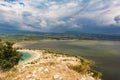 View of Voidokilia beach and the Divari lagoon in the Peloponnese region of Greece, from the Palaiokastro Royalty Free Stock Photo