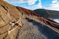 View into a volcanic crater with its green lake near El Golfo, Lanzarote, Canary Islands, Spain Royalty Free Stock Photo