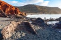 View into a volcanic crater with its green lake near El Golfo, Lanzarote, Canary Islands, Spain Royalty Free Stock Photo