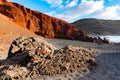 View into a volcanic crater with its green lake near El Golfo, Lanzarote, Canary Islands, Spain Royalty Free Stock Photo