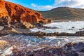 View into a volcanic crater with its green lake near El Golfo, Lanzarote, Canary Islands, Spain Royalty Free Stock Photo