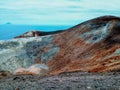 View of the volcanic crater and Lipari islands from the top of the volcano of the Vulcano island, Italy Royalty Free Stock Photo