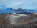 View of the volcanic crater and Lipari islands from the top of the volcano of the Vulcano island, Italy Royalty Free Stock Photo