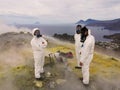 Volcanologists observe the activity of the volcano. Vulcano island, Italy