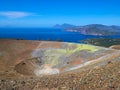 View of the volcanic crater and Lipari and Salina islands from the top of the volcano of the Vulcano island in the Aeolian islands Royalty Free Stock Photo