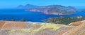 View of the volcanic crater and Lipari and Salina islands from the top of the volcano of the Vulcano island in the Aeolian islands Royalty Free Stock Photo