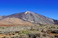 View of volcano Mount Teide Teide Peak, surroundings with hardened lava and treeless mountain vegetation.