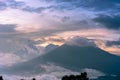 View of the volcanoes Fuego, Acatenango and Agua at sunset Royalty Free Stock Photo
