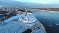 View of the Volga and Kotorosl arrow, January day aerial video. Yaroslavl