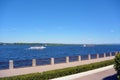View on the Volga quay of the Samara, Russia. City embankment, boats on river