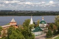 View of the Volga, the temple of Simeon the Stylite and the Kremlin wall with the White Tower. Nizhny Novgorod, Royalty Free Stock Photo