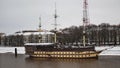 View of the Volkhov River and the Flagman frigate. Royalty Free Stock Photo