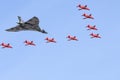 View of Vulcan bomber and red arrows at airshow in Southport, United Kingdom