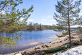 View of Vuoksi river and river banks in spring, Mellonlahti, Imatra, South Karelia, Finland Royalty Free Stock Photo