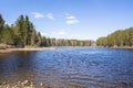 View of Vuoksi river and river banks in spring, Mellonlahti, Imatra, South Karelia, Finland Royalty Free Stock Photo