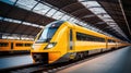 View on wagon of the high speed train with yellow door closed in the rail station