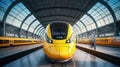 View on wagon of the high speed train with yellow door closed in the rail station