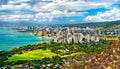 View of Waikiki in Honolulu city from Diamond Head Crater in Oahu Island, Hawaii Royalty Free Stock Photo