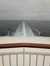 View from back of a cruise ship, overcast sky