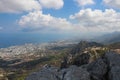 View from the wall of the castle of Saint Hilarion on the city of Kyrenia, mountains, clouds and the Mediterranean sea. Cyprus Royalty Free Stock Photo