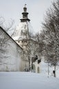 View of wall and tower of The Savvino-Storozhevsky Monastery in winter