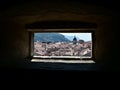 View Through Wall Window of Red Rooftops of Old Town Dubrovnik, Croatia Royalty Free Stock Photo
