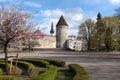 View of walls protecting Tallinn`s old town and St. Olaf Church. tallinn defence wall at the spring postcard Royalty Free Stock Photo