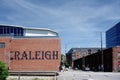 View of the warehouse district in downtown Raleigh NC with Raleigh text on a brick building