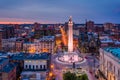 View of the Washington Monument at night, in Mount Vernon, Baltimore, Maryland