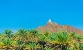 View of a watch tower in the nizwa region perched on a hill and surrounded by a lush oasis full of palms, oman....IMAGE Royalty Free Stock Photo