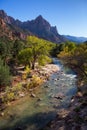 View of the Watchman mountain and the virgin river in Zion National Park Royalty Free Stock Photo