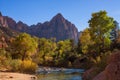 View of the Watchman mountain and the virgin river in Zion National Park Royalty Free Stock Photo